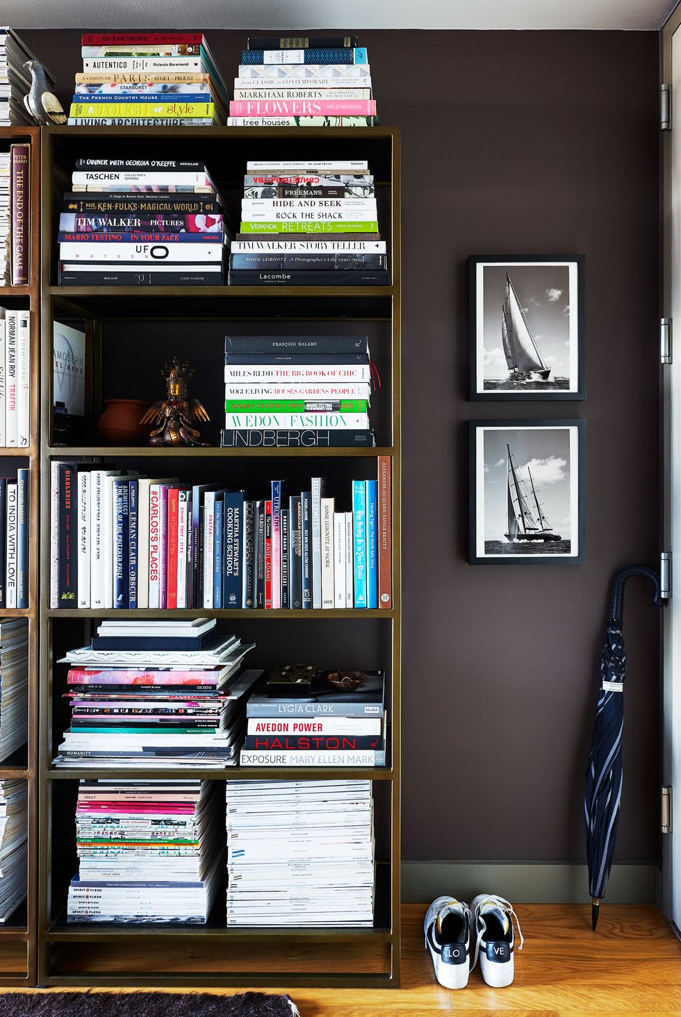entryway with bookshelves and dark walls