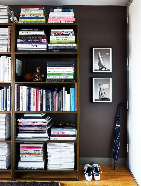 entryway with bookshelves and dark walls