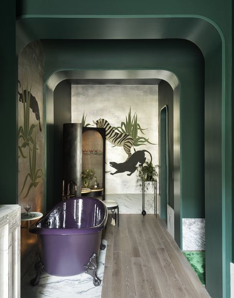 Green, Room, Interior design, Purple, Floor, Wall, Architecture, Tile, Material property, Flooring, 