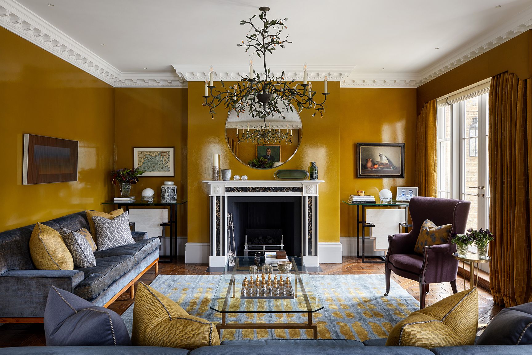 grey navy and mustard living room