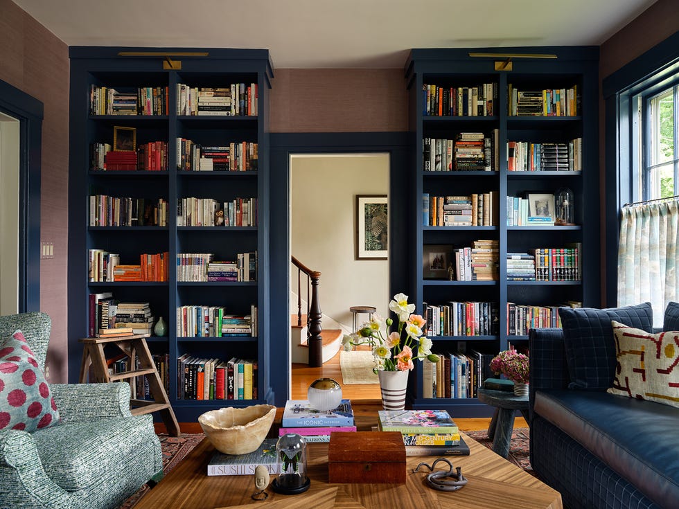 room with bookshelf and sofa