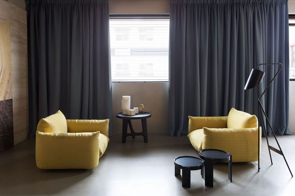 Curtain, Room, Interior design, Living room, Furniture, Property, Window treatment, Suite, Yellow, Floor, 
