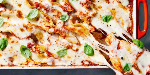 stuffed shells with marinara sauce mozzarella ricotta cream cheese and pecorino