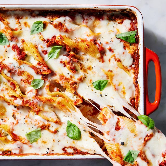 stuffed shells with marinara sauce mozzarella ricotta cream cheese and pecorino