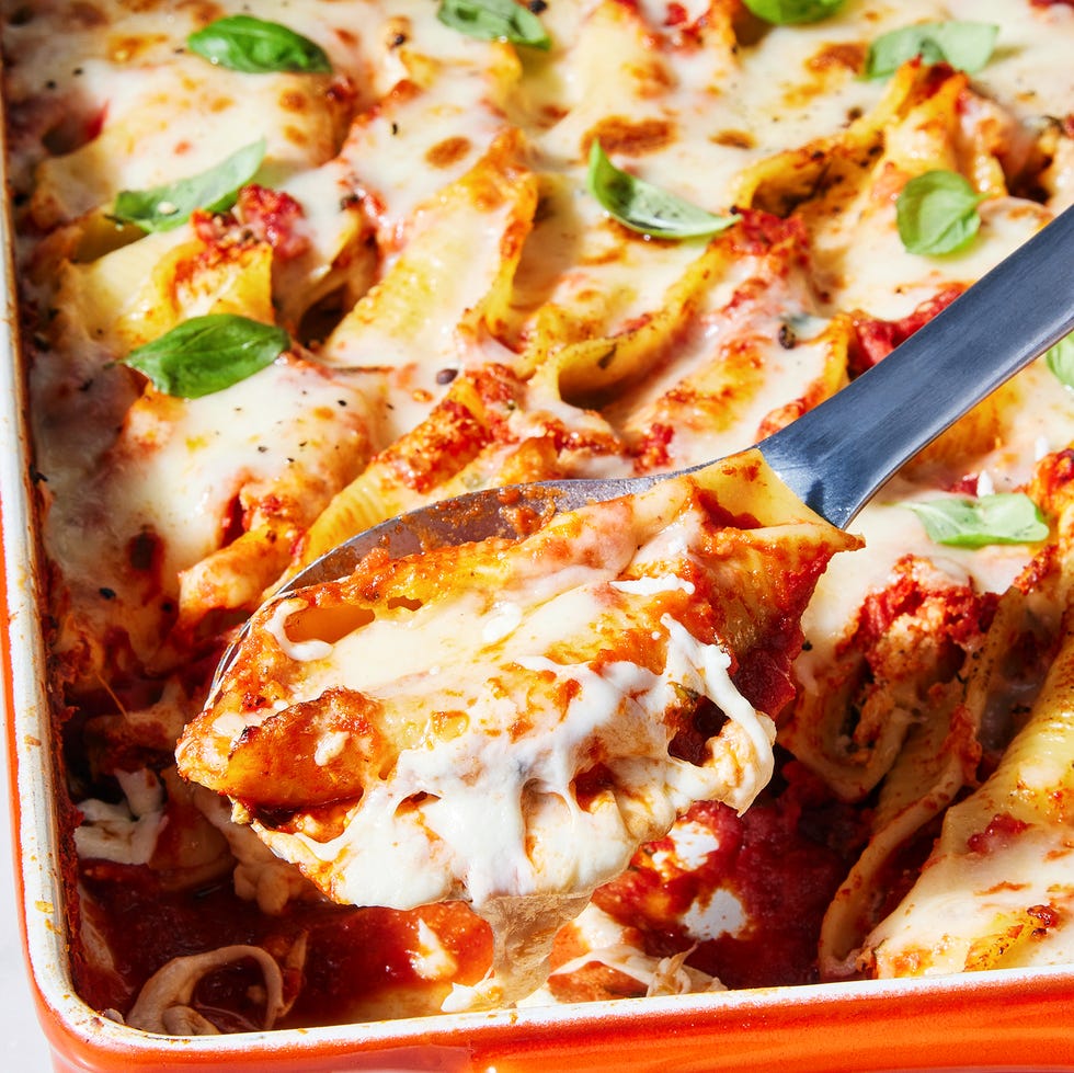 stuffed shells with tomato sauce mozzarella ricotta cream cheese and pecorino
