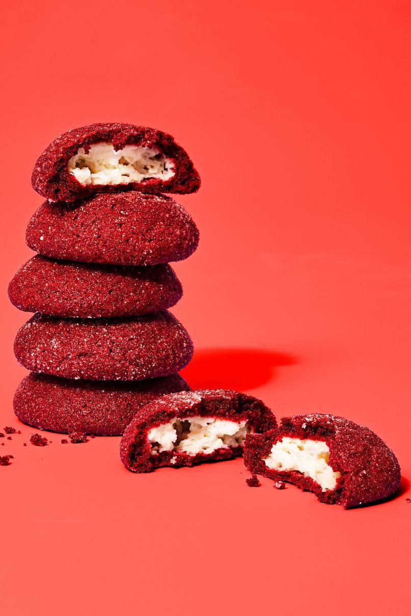red velvet cookies stuffed with cream cheese in the center