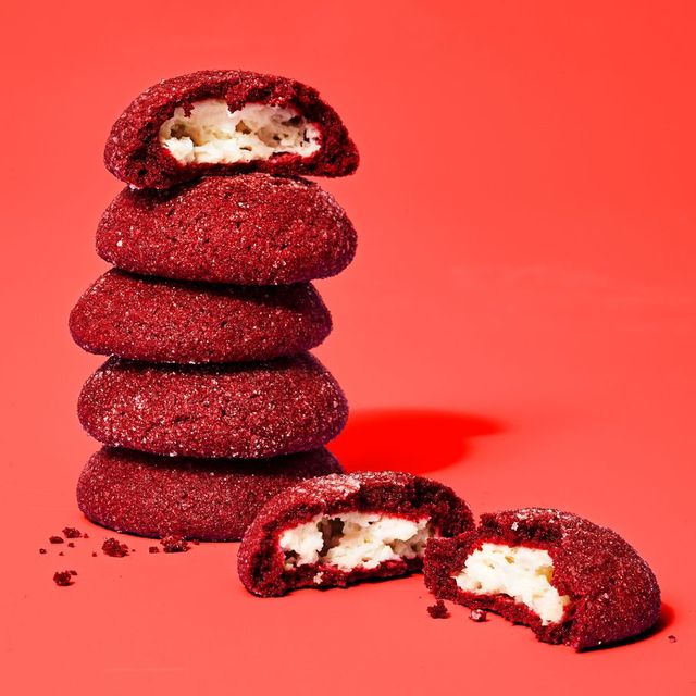 red velvet cookies stuffed with cream cheese in the center
