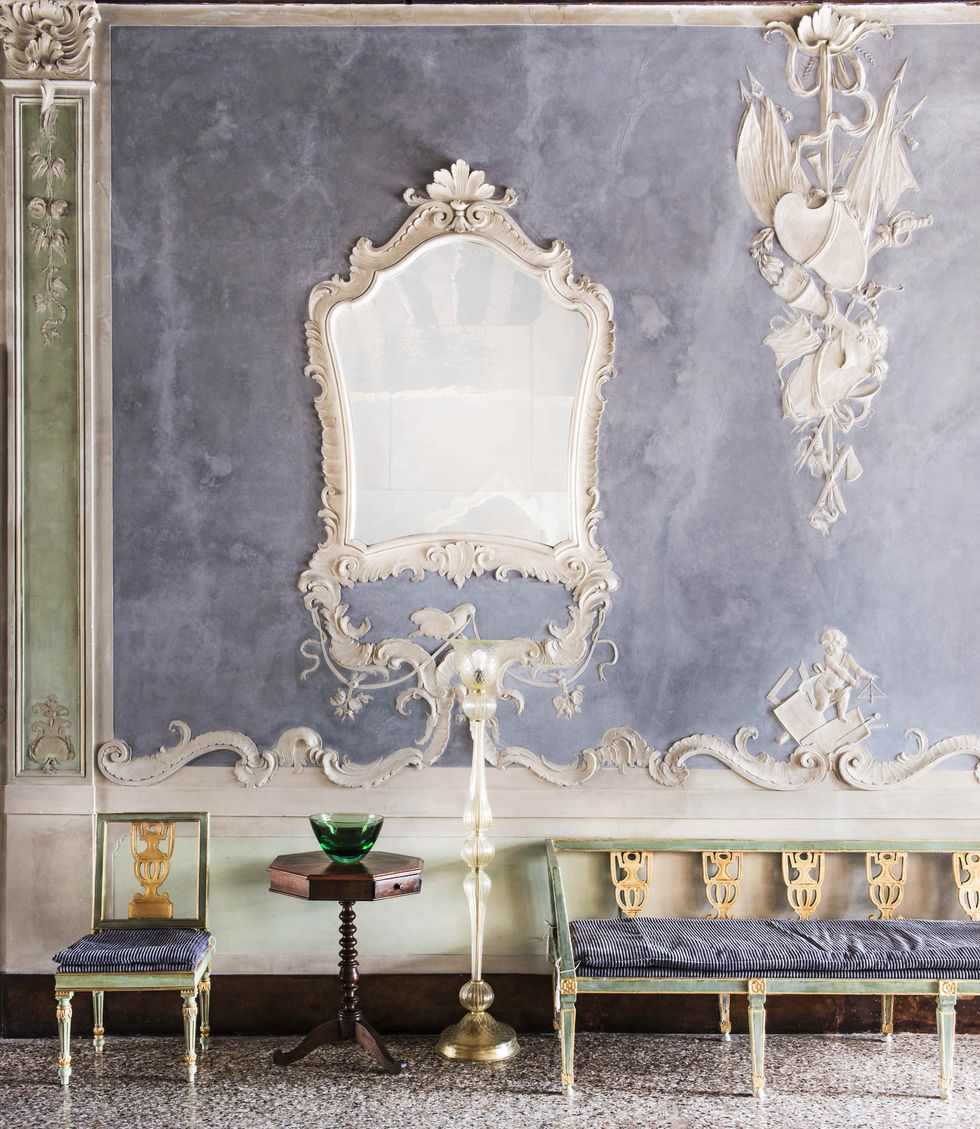 stucco on the wall of the wagner salon at apartment wagner at palazzo polignac on grand canal, venice