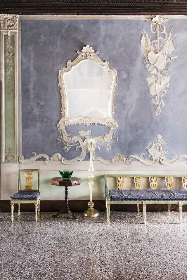 stucco on the wall of the wagner salon at apartment wagner at palazzo polignac on grand canal, venice