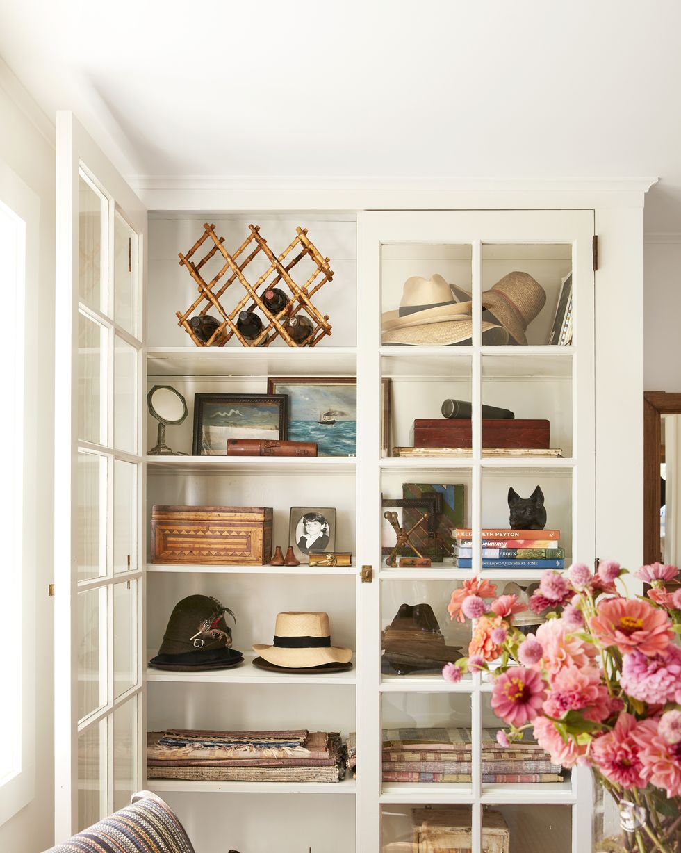 styled bookshelves with vintage items