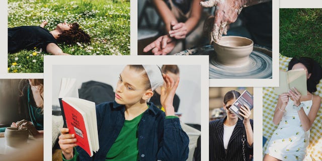 collage of various activities including reading pottery and relaxation in a natural setting