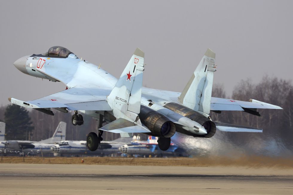 su 35s jet fighter of the russian air force taking off, kubinka, russia