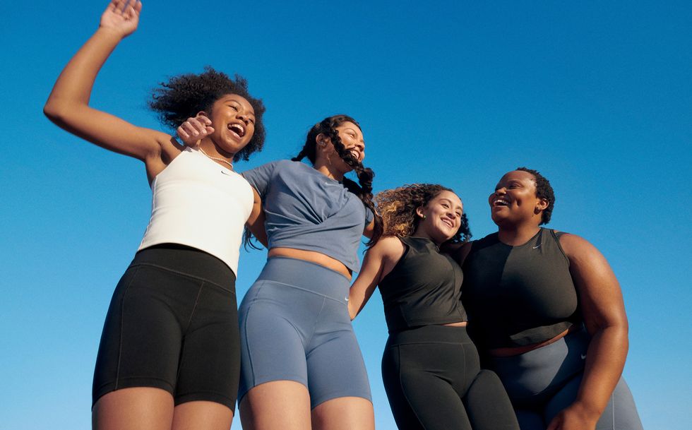 four models with different body types wear nike's period shorts to illustrate a story about the nike period shorts launch 2023