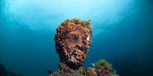 baiae, naples, campania, southern italy may, 2018 submerged statue head