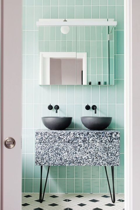 Tile, Room, Bathroom, Turquoise, Wall, Interior design, Furniture, Floor, Sink, Material property, 
