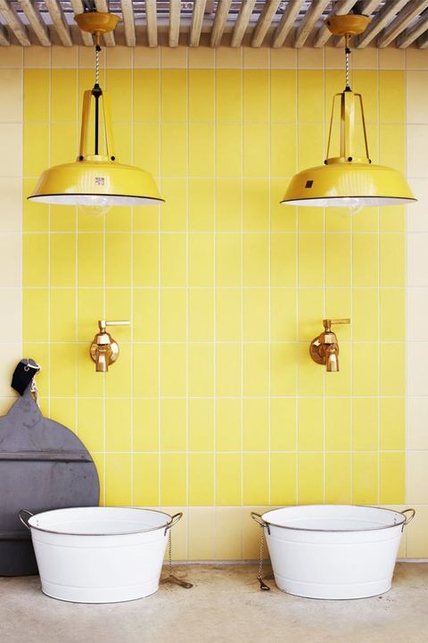 Yellow, Tile, Wall, Product, Room, Shelf, Bathroom, Ceiling, Floor, Interior design, 