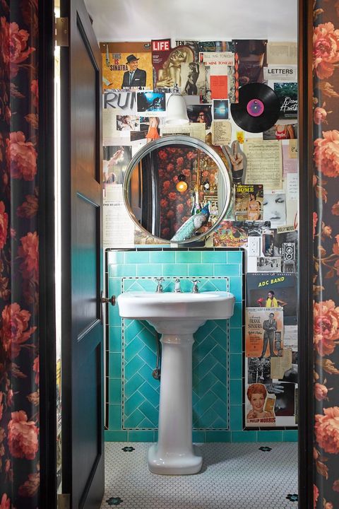eclectic colorful subway tile bathroom