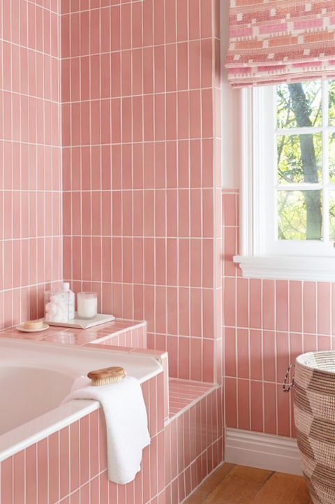 Pink, Bathroom, Tile, Room, Wall, Interior design, Property, Curtain, Shower curtain, Floor, 
