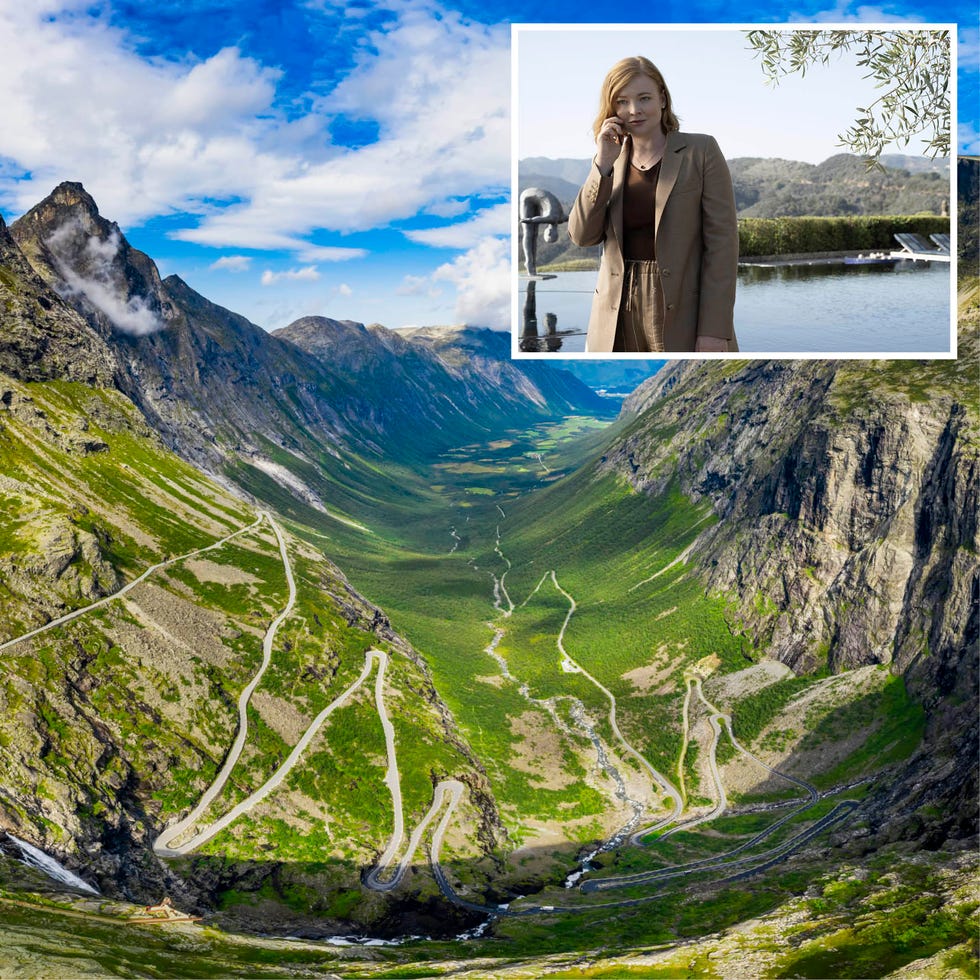 a scenic mountain valley with winding roads and a river featuring a person in a smaller inset image