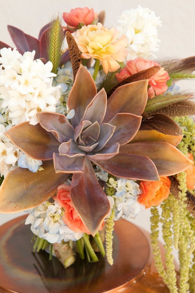 succulents feathers fall wedding bouquets