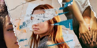 a young woman with ginger hair whose face is obscured by a ripped paper design to hide her identity