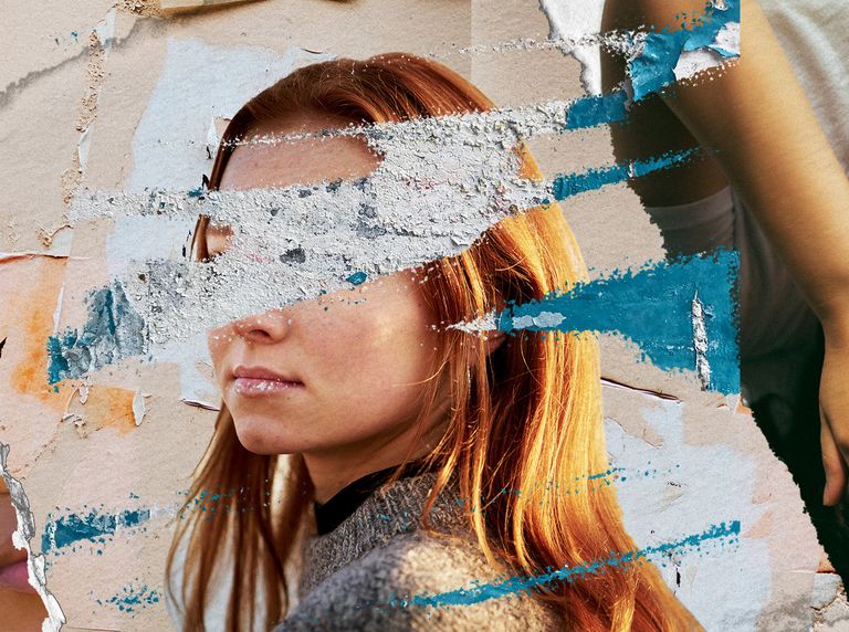 a young woman with ginger hair whose face is obscured by a ripped paper design to hide her identity