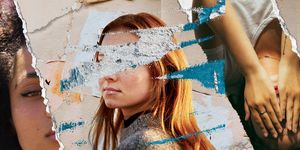 a young woman with ginger hair whose face is obscured by a ripped paper design to hide her identity