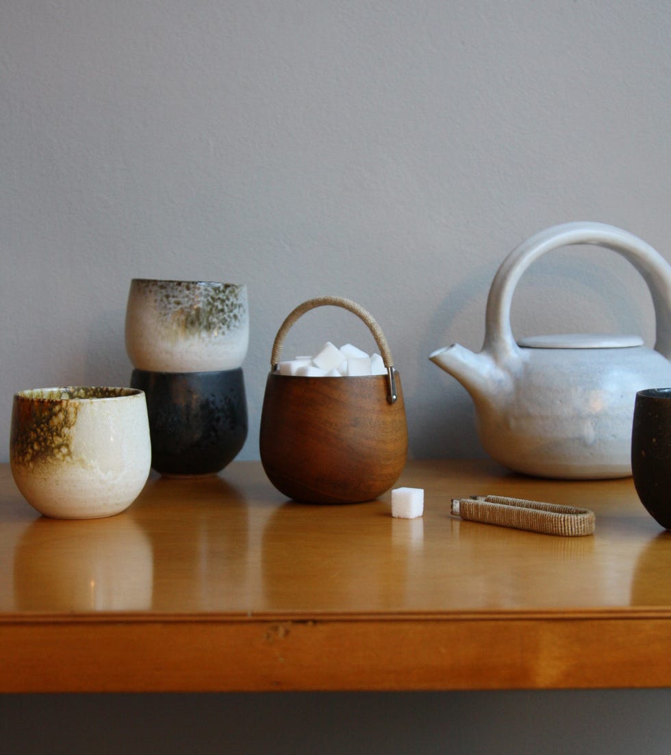 walnut sugar bowl and tongs by carl aubock