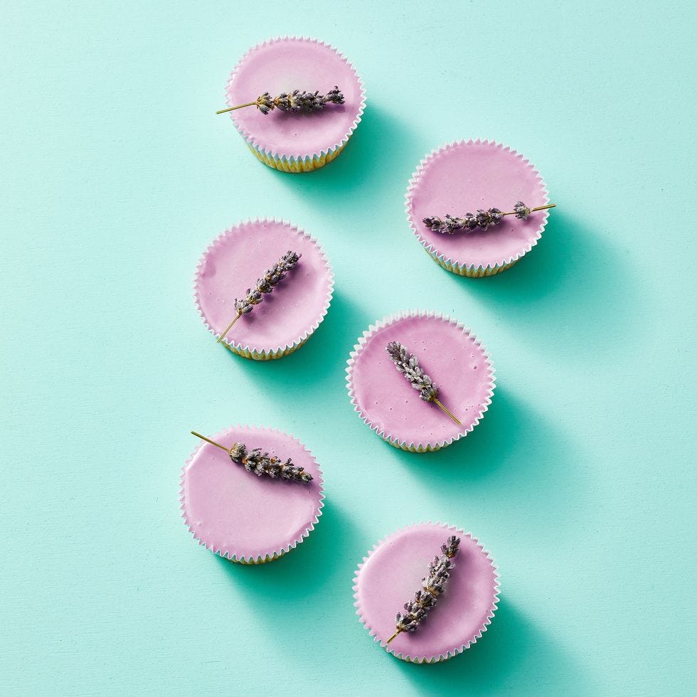 sugared lavender cupcakes on aqua table