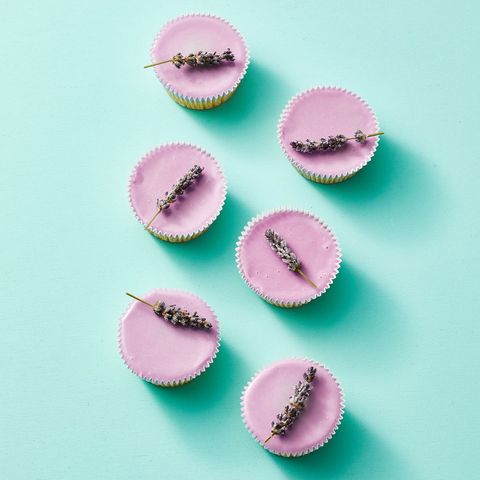 sugared lavender cupcakes on a turquoise background