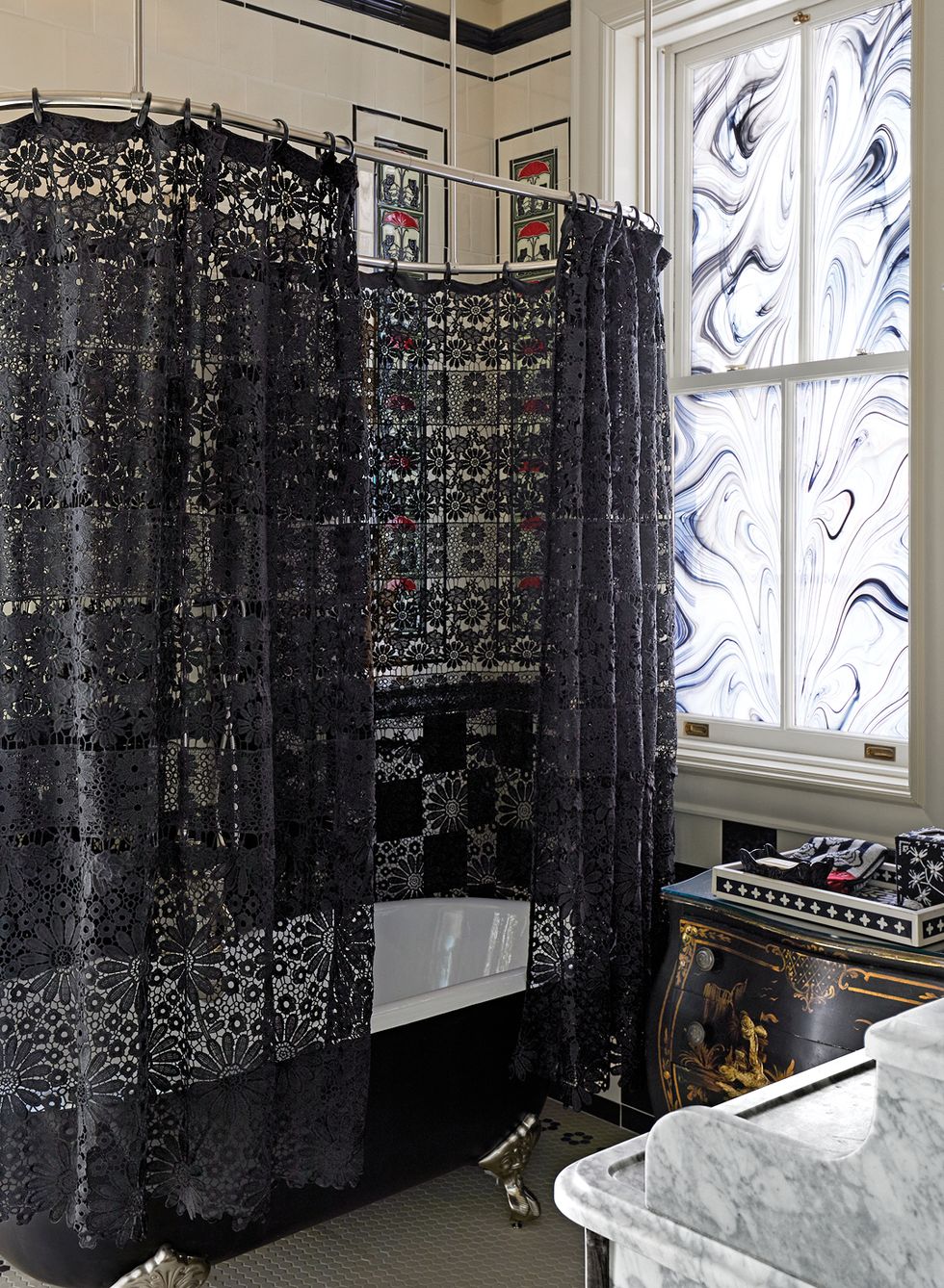 Bathroom with black lace shower curtain
