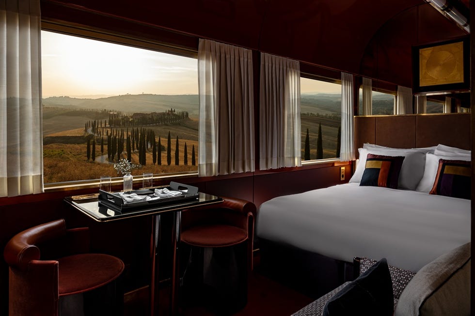 luxurious train cabin with a scenic window view