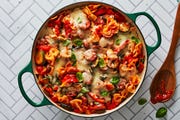 summer bowtie pasta with chicken skillet bake