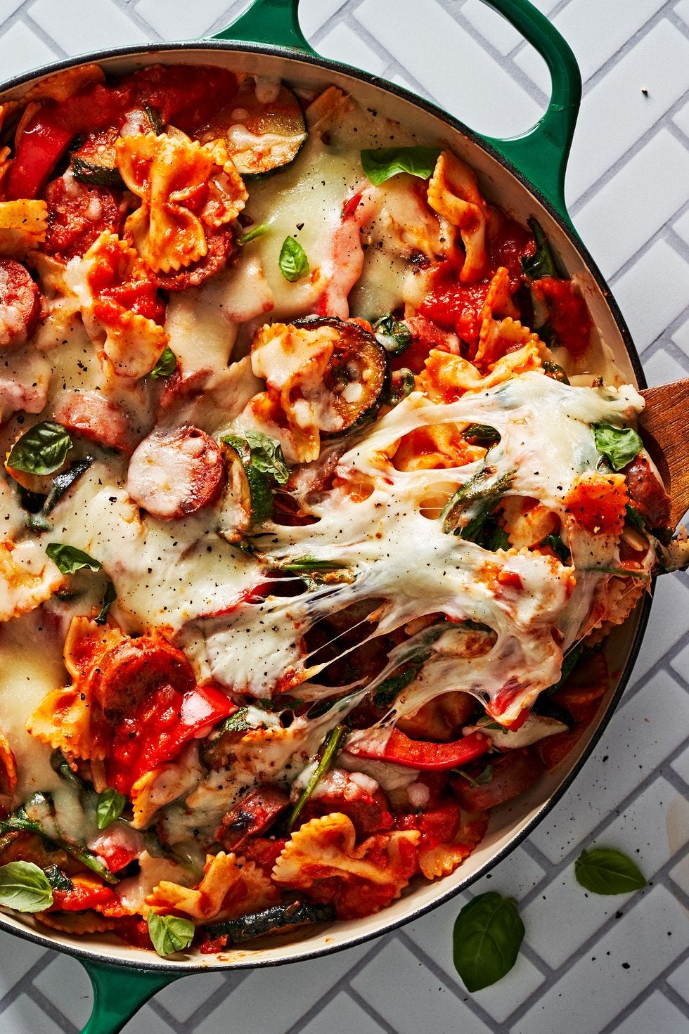 summer bowtie pasta and chicken sausage skillet bake