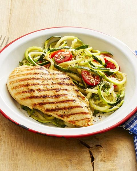 grilled chicken with zucchini noodles and cherry tomatoes