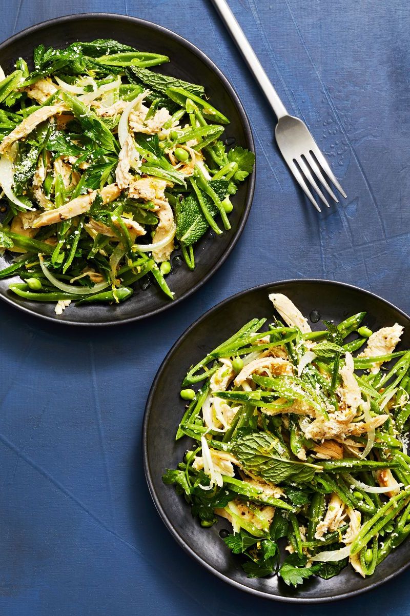 snap pea chicken salad on a plate