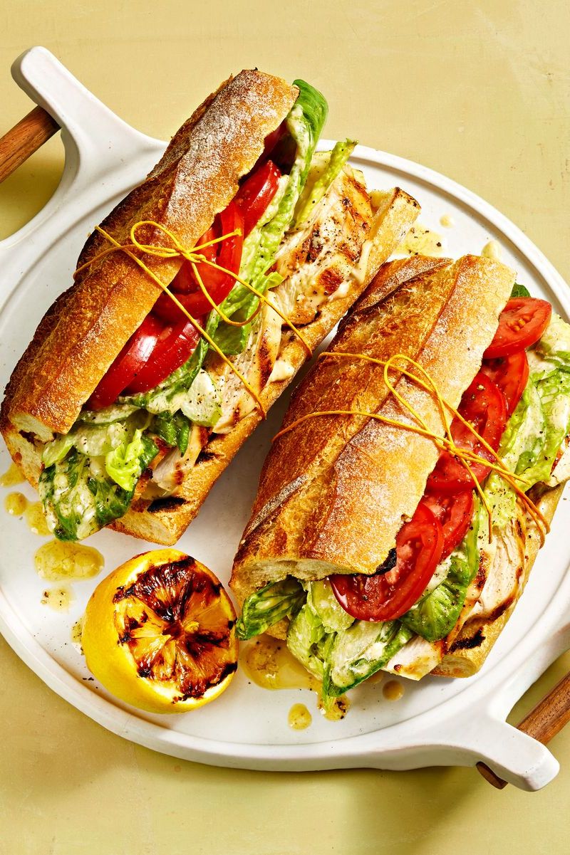 chicken caesar sandwich on a baguette