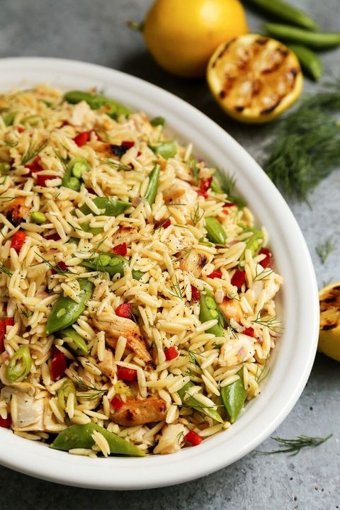 grilled chicken lemon orzo salad with snap peas