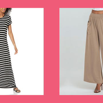 maxi dress with stripes and beige palazzo pants