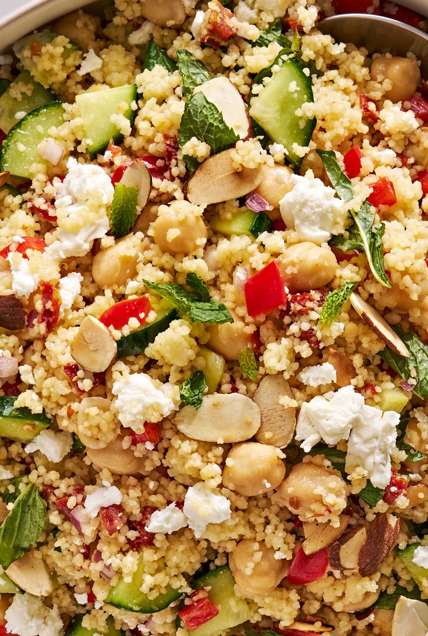 summer couscous salad with feta, chickpeas, and fresh mint
