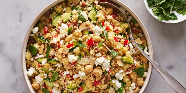summer couscous salad with feta, chickpeas, and fresh mint