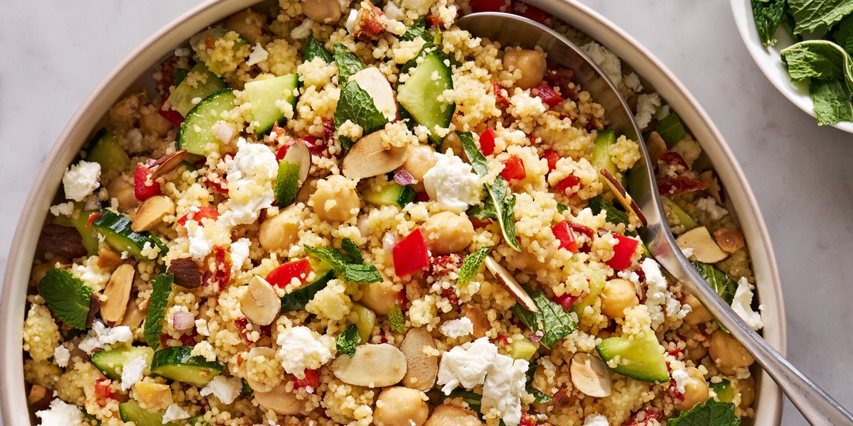 summer couscous salad with feta, chickpeas, and fresh mint