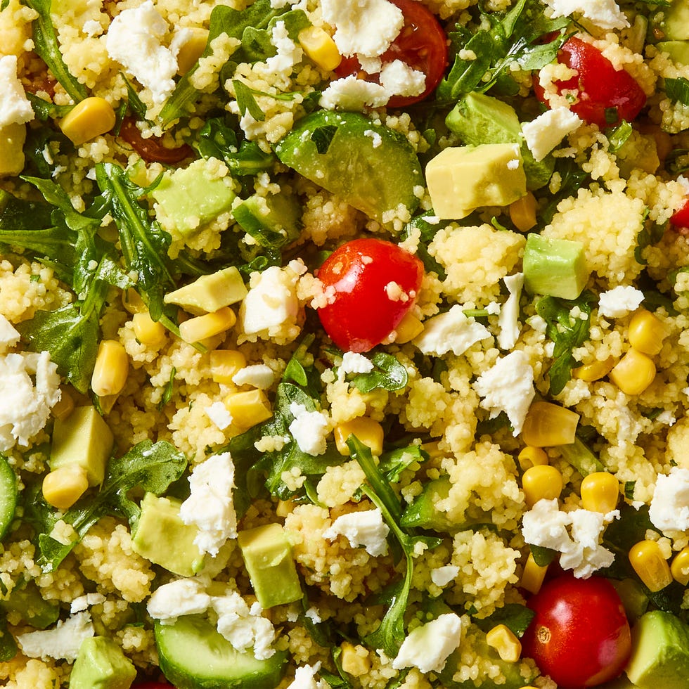 Summer Couscous Salad summer couscous salad with cucumber, tomato, avocado, and feta