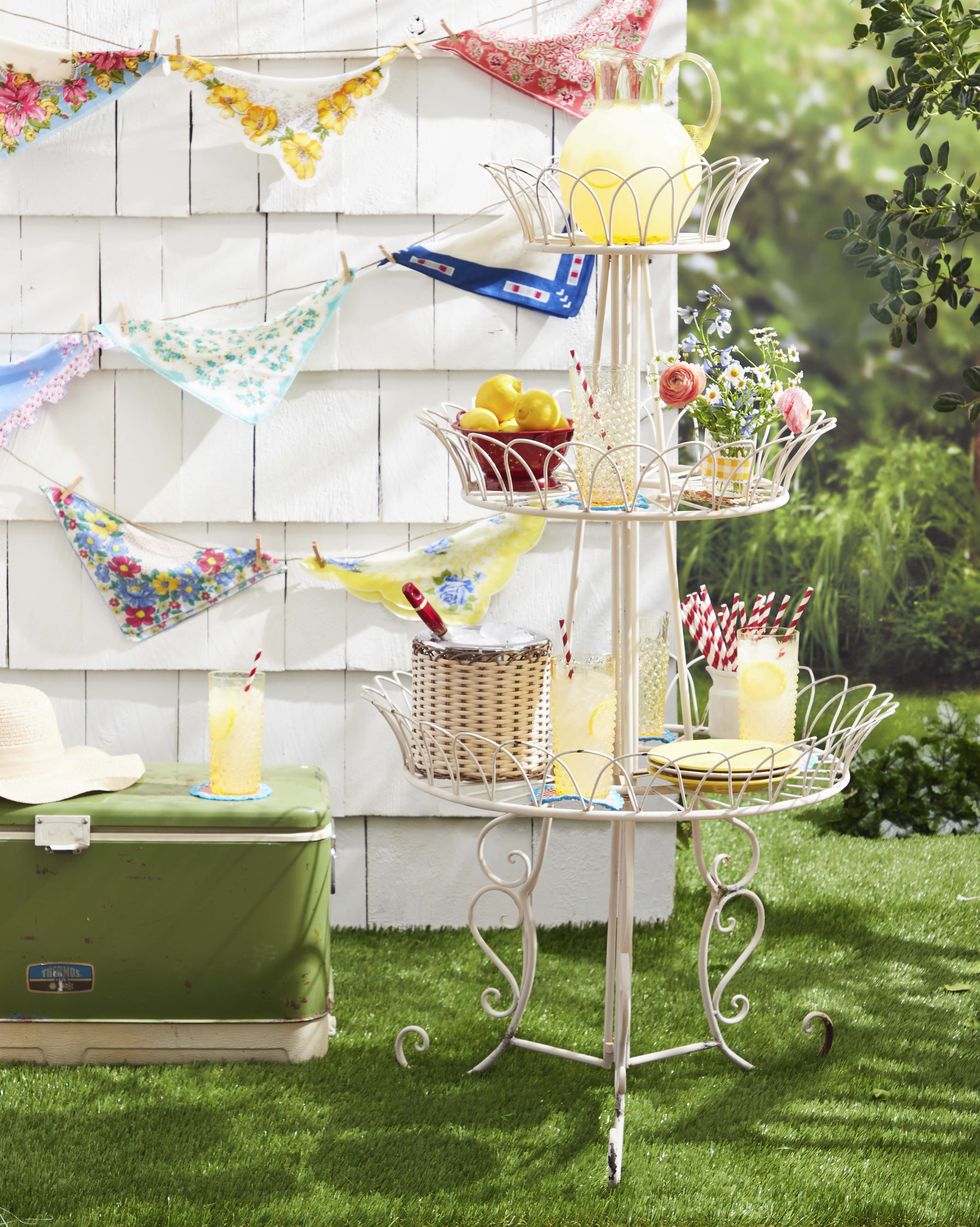 bunting made from vintage hankies on an outdoor wall