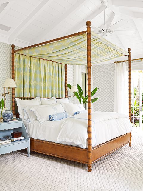 preppy bedroom with bamboo bedframe