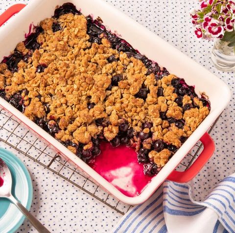 blueberry crumble in baking dish on wire rack