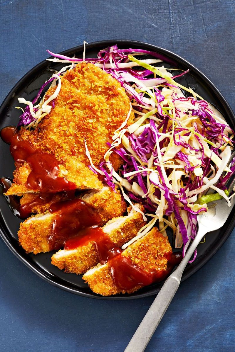baked tonkatsu with panko with a cabbage salad on the side