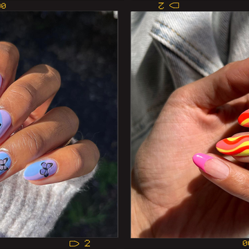 two hands wearing summer nail designs, the one on the left with blue and purple nails with a butterfly on top and the hand on the right with pink french tips and wavy orange and yellow lines on the middle and ring fingers