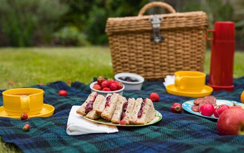 summer picnic spread on blanket with jam sandwiches, fruit and tea