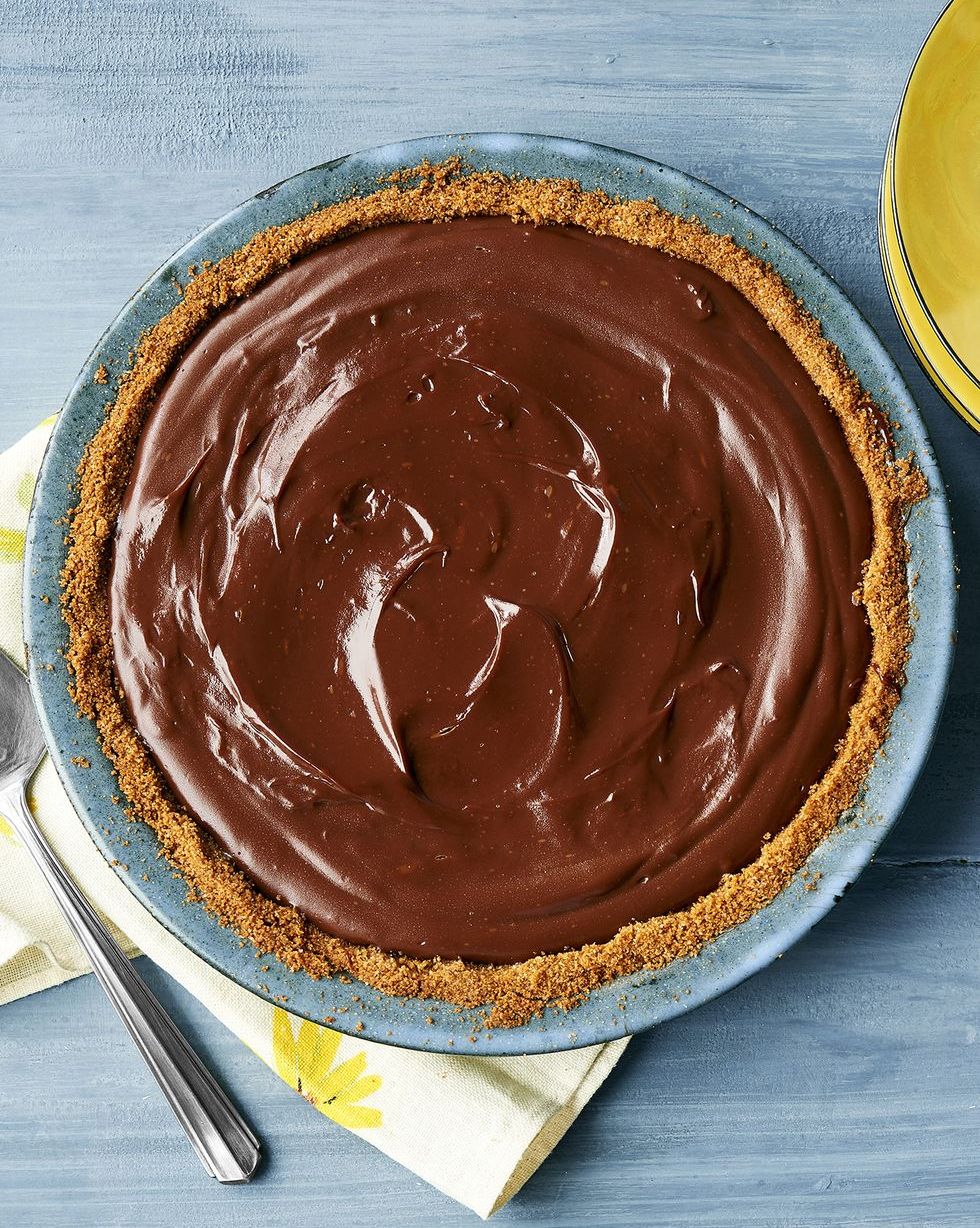 chocolate pie on blue wood surface